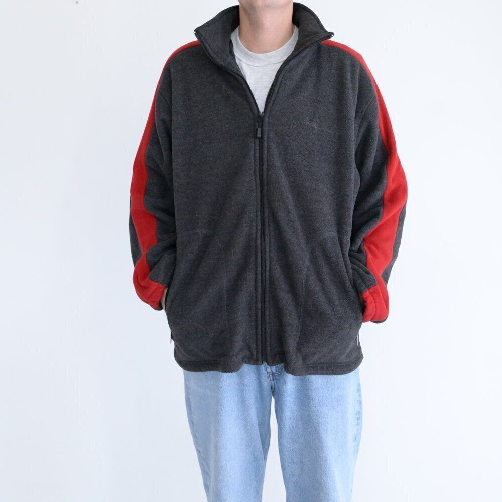 Vintage Mountain Ridge Graphite Gray Red Fleece Zip Up Sweater Large
